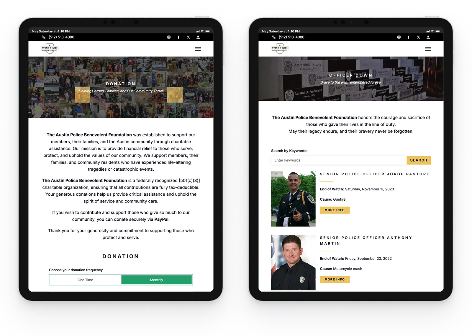 Austin Police Benevolent Foundation Website - Tablet view