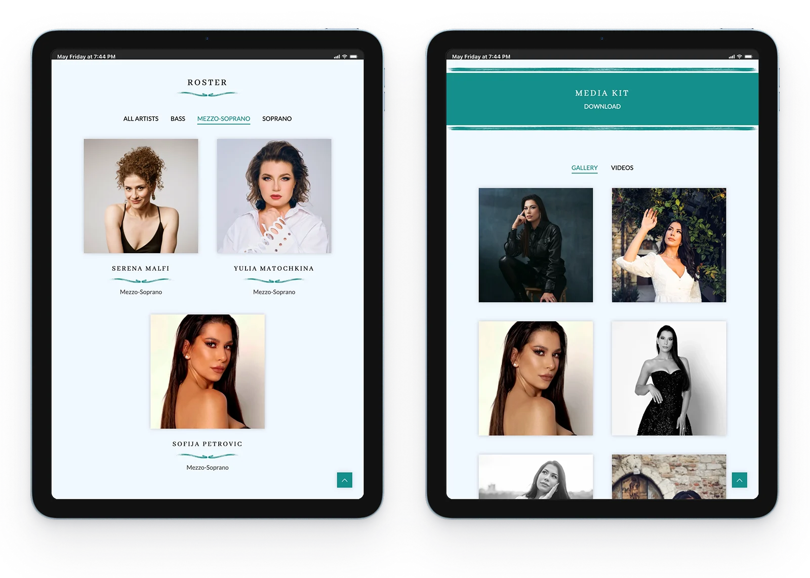 Arcadia Artists Management Website - Tablet view